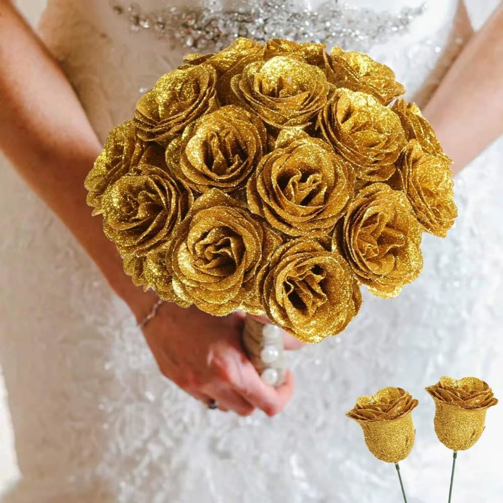12PCS Glitter Roses Artificial Flowers