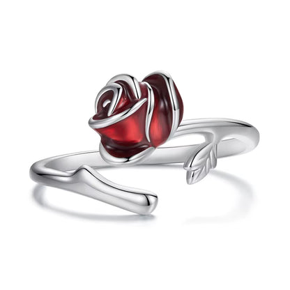 Sterling Silver Red Rose Ring & Earrings