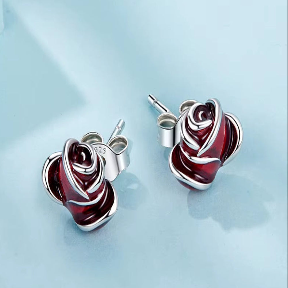 Sterling Silver Red Rose Ring & Earrings