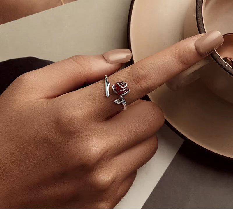 Sterling Silver Red Rose Ring & Earrings