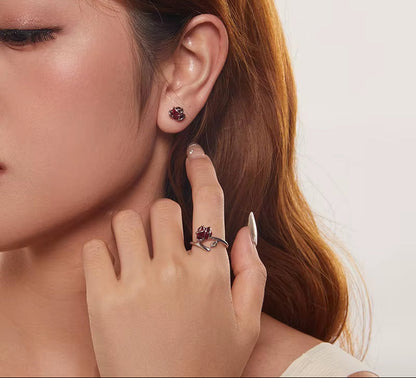 Sterling Silver Red Rose Ring & Earrings