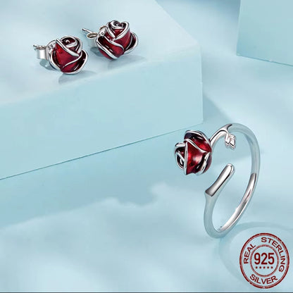 Sterling Silver Red Rose Ring & Earrings