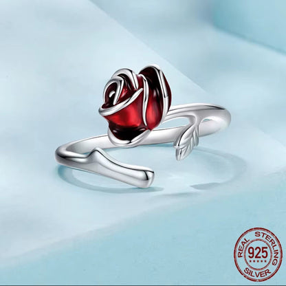 Sterling Silver Red Rose Ring & Earrings