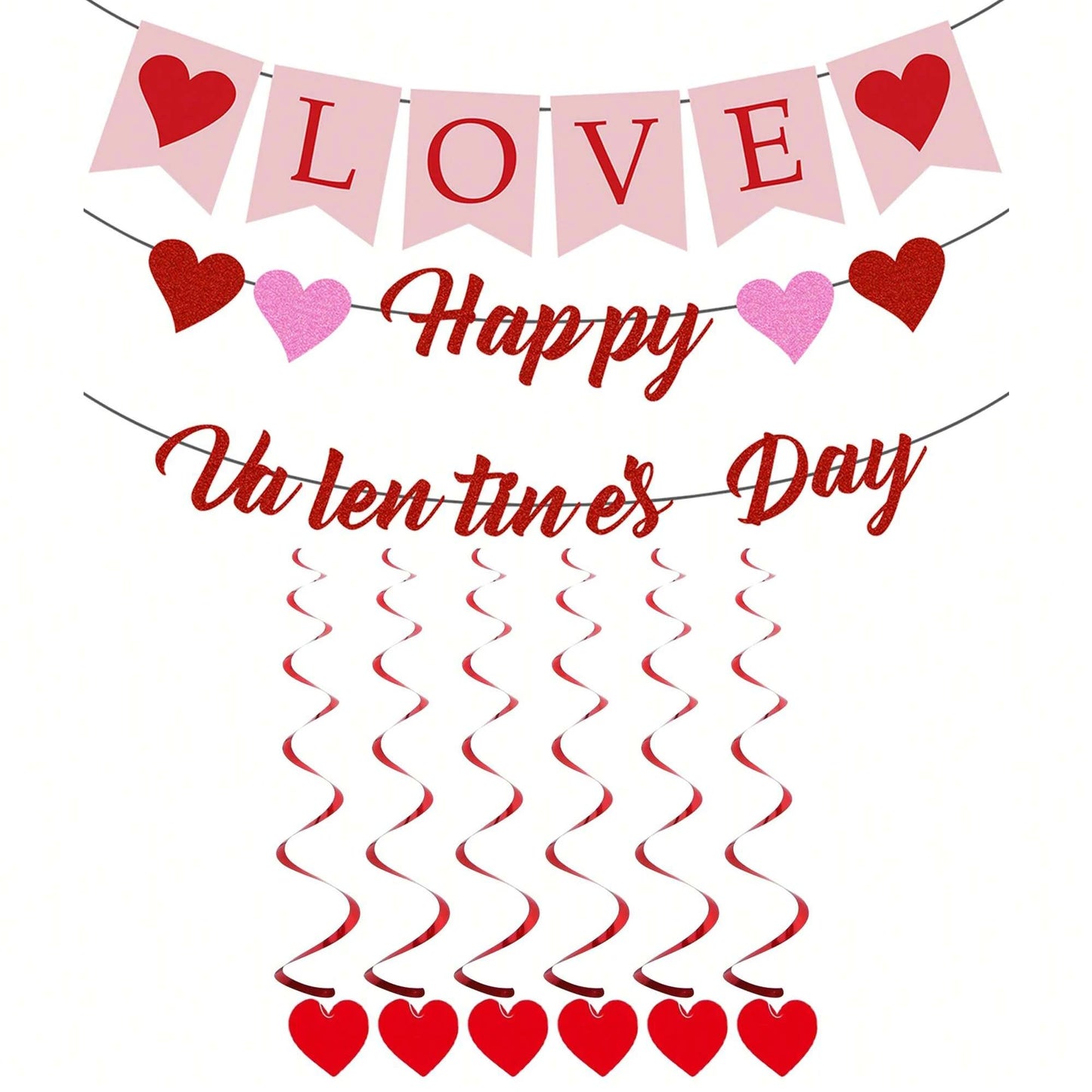 6PCS Red Heart Hanging Spiral Flags