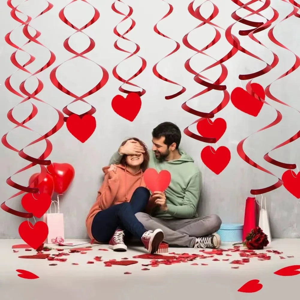 6PCS Red Heart Hanging Spiral Flags