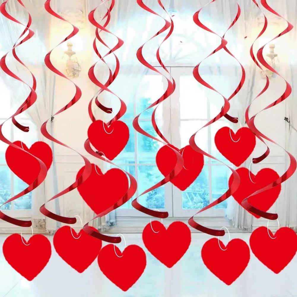 6PCS Red Heart Hanging Spiral Flags