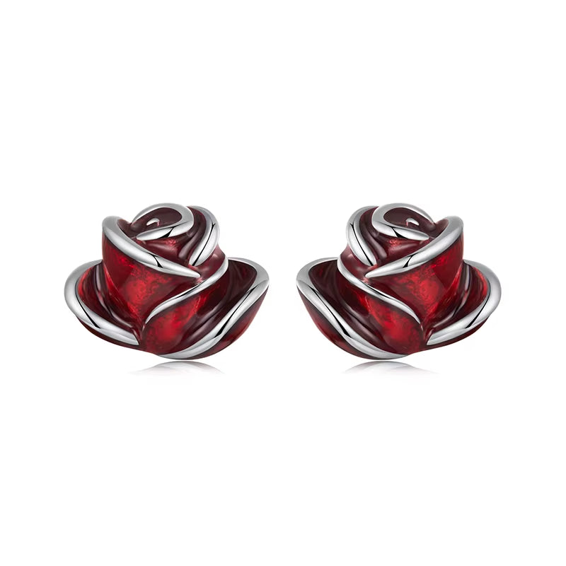 Sterling Silver Red Rose Ring & Earrings