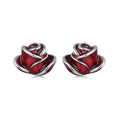 Sterling Silver Red Rose Ring & Earrings