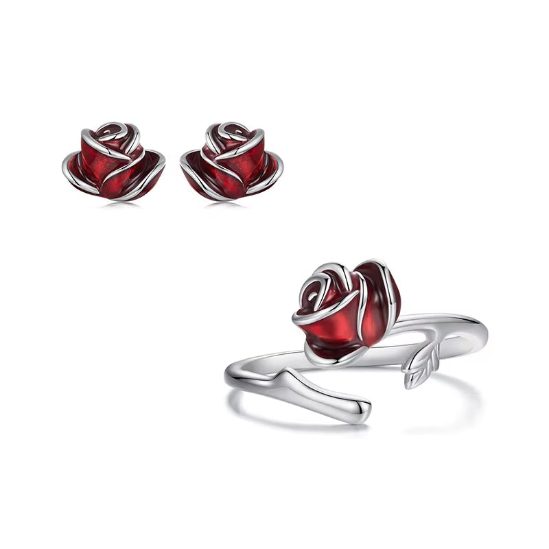 Sterling Silver Red Rose Ring & Earrings